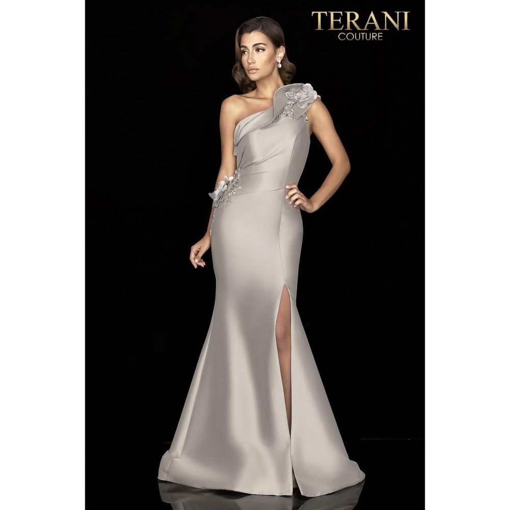 Terani Couture 2011E2427 Size 10 Taupe Ivory One Shoulder Mikado 3D Floral Gown